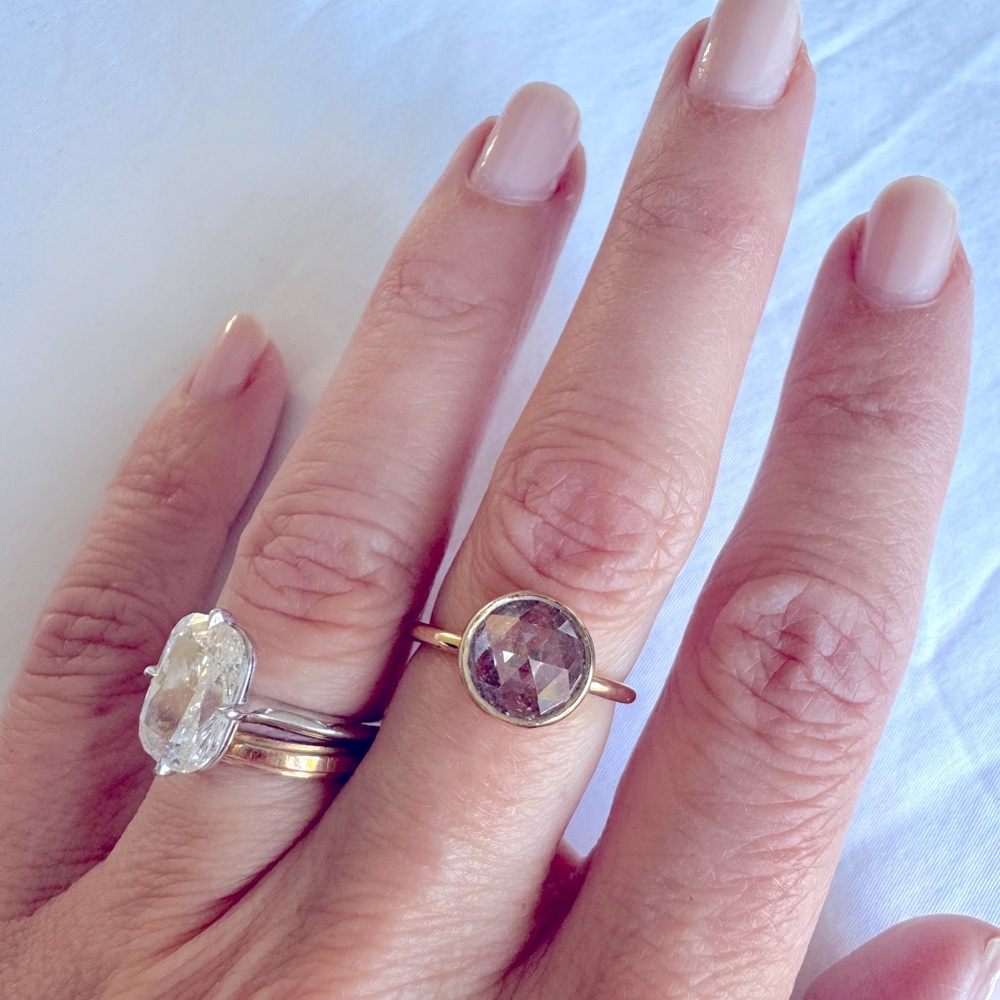 Yellow gold bezel, moissanite rose cut ring - size 4 3/4